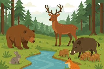 Forest wildlife gathering near a tranquil stream with various animals in a vibrant natural setting