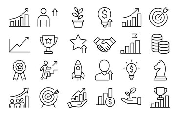 Flat vector illustration depicting various symbols of growth and success in business and personal development through charts and icons