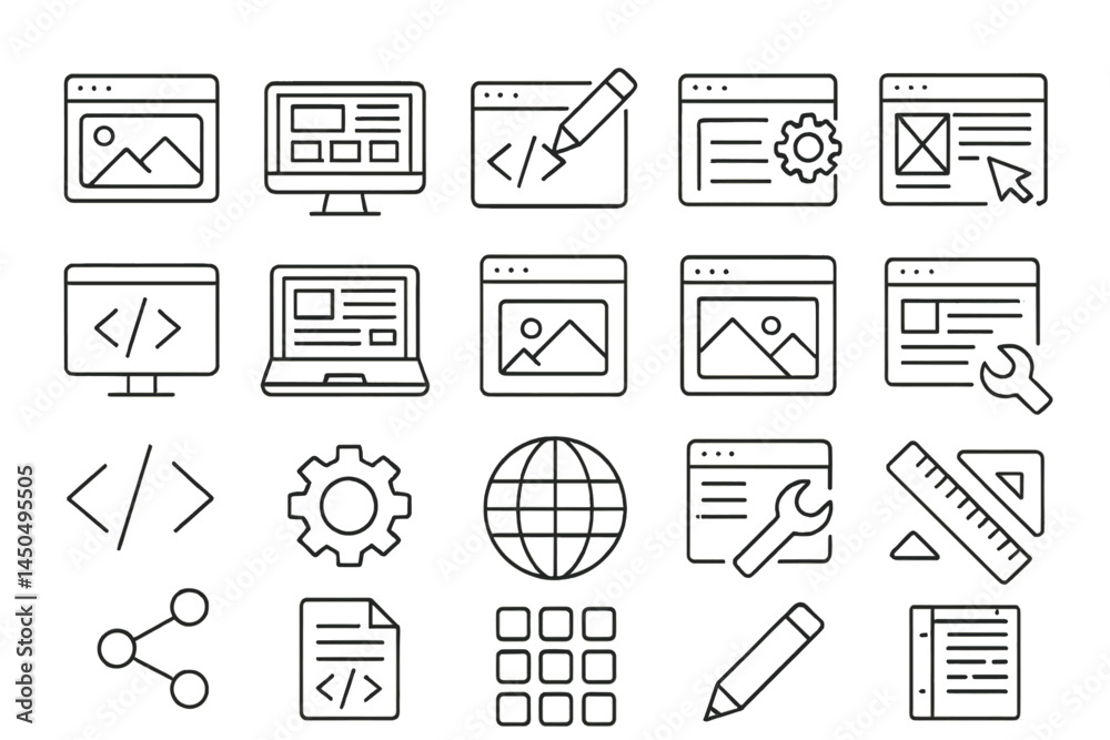 Poster vector illustration of various web design elements and icons representing digital technology and sof