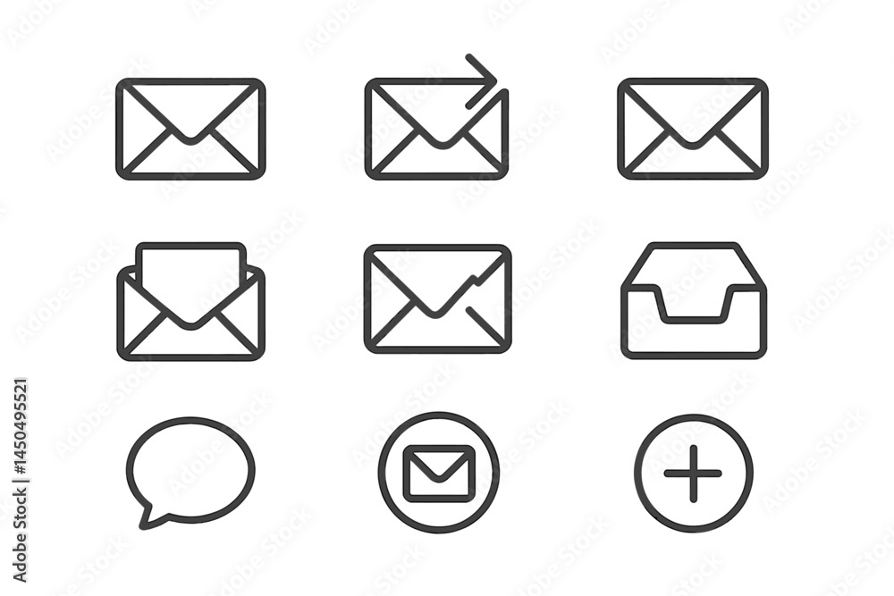 Poster flat vector illustration of various email icons representing different communication actions and mes
