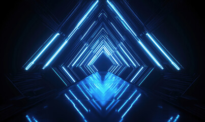 Fototapeta premium Futuristic neon blue tunnel with glowing triangular patterns and reflective floor.