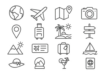 Travel icons collection featuring essential symbols for vacation planning and exploration in a flat vector style
