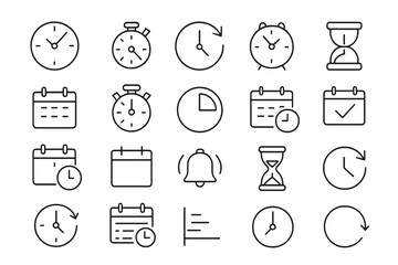 Collection of flat vector illustrations depicting various time-related concepts and devices including clocks, timers, and calendars