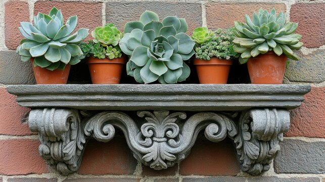 Succulents in terracotta pots on a decorative wall shelf