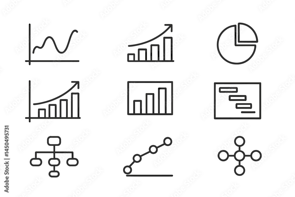 Poster flat vector illustration displaying various types of business graphs, charts, and data visualization