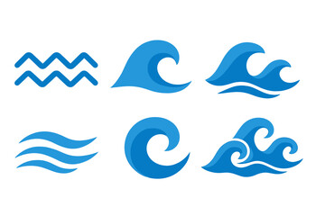 Collection of flat vector illustrations showcasing various wave designs and patterns in shades of blue suitable for coastal or aquatic themes