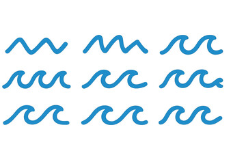 Flat vector illustration of stylized ocean waves in various forms and sizes for summer themes and designs