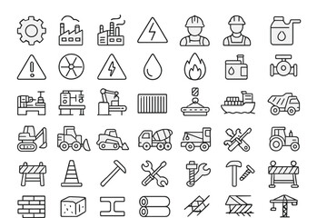 Construction and industrial themed flat vector illustrations depicting various tools, machinery, and workers in an urban environment
