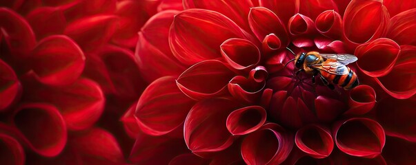A bee rests on a red dahlia flower, its wings folded