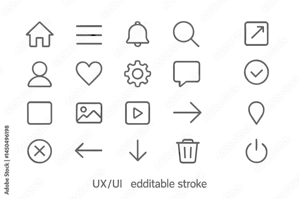 Poster collection of flat vector icons for user interface design featuring common symbols and actions