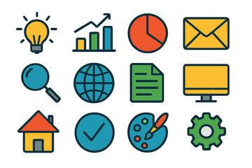 Colorful flat vector illustration of various icons representing business and technology concepts