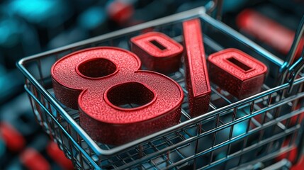 Eight percent discount in a shopping cart.  Red 8% symbol inside metal shopping cart