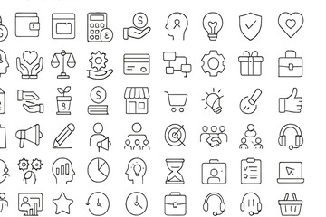 Various flat vector icons representing business, finance, and personal development concepts in a clean design