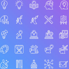 Naklejka premium Outlined white icons on a purple background. Symbolizes creativity, learning, and invention, perfect for tech events, educational materials, or innovation-themed presentations.