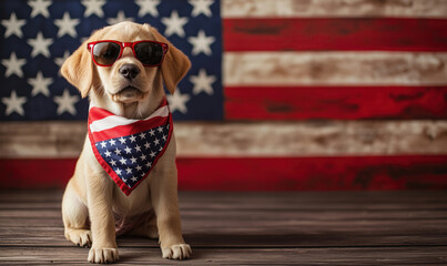 Cute puppy wearing sunglasses and American flag bandana in front of USA flag background.