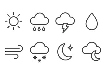 Various weather icons depicting sun, rain, thunderstorm, wind, snow, and moon phases in flat vector style