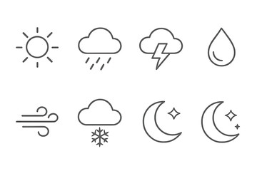 Weather icons collection depicting sun, rain, storm, wind, snow, and moon phases in flat vector style