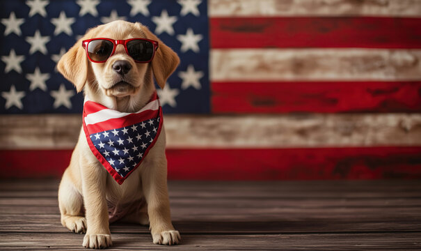 Cute puppy wearing sunglasses and American flag bandana in front of USA flag background.