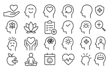 Vector illustration showcasing mental health icons including faces, symbols, and wellness activities for promoting well-being