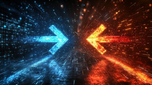 Dual path of technological advancement, opposing arrows of blue and orange light