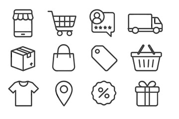 Flat vector illustration of various e-commerce and shopping-related icons showcasing an online retail environment