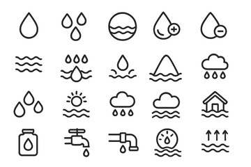 Flat vector illustration of water-related icons depicting drops, waves, weather, and conservation themes