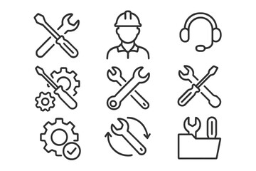 Vector illustration showcasing tools, a worker with a helmet, and mechanics in various activities related to repair and maintenance