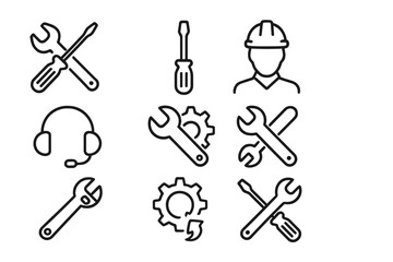 Obraz premium Vector illustration depicting various tools, a worker, and maintenance activities in a minimalistic design style