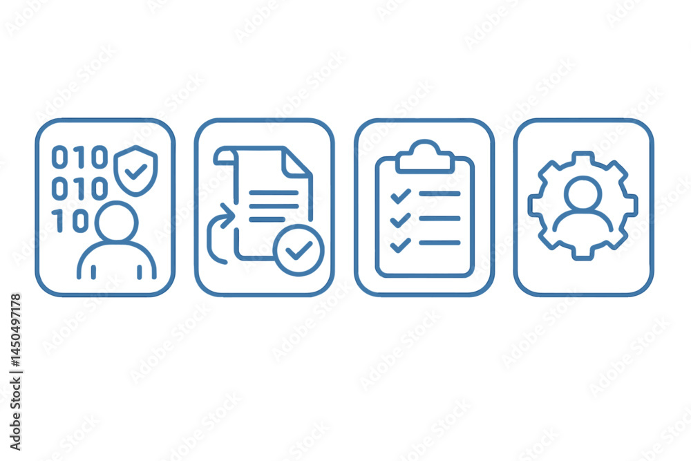 Poster flat vector illustrations depicting key steps in data management and verification processes in a dig