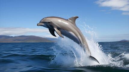 Fototapeta premium A dolphin leaping out of the water with mountains in the background.