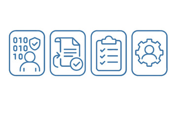 Flat vector illustrations depicting key steps in data management and verification processes in a digital environment