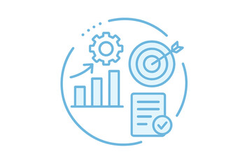 Flat vector illustration showcasing business analytics concepts with graphs, gears, and targets in a minimal design
