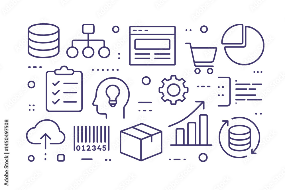Poster flat vector illustration showcasing data analytics and management concepts with various icons and sy