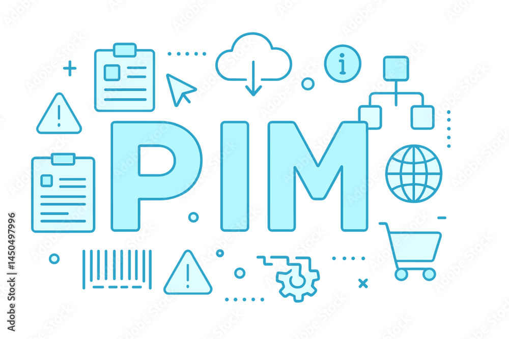 Poster flat vector illustration depicting pim concepts with icons related to data management and e-commerce