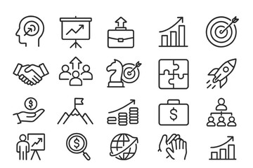 Flat vector illustration depicting various business concepts including strategy, teamwork, and growth metrics in a minimalist style