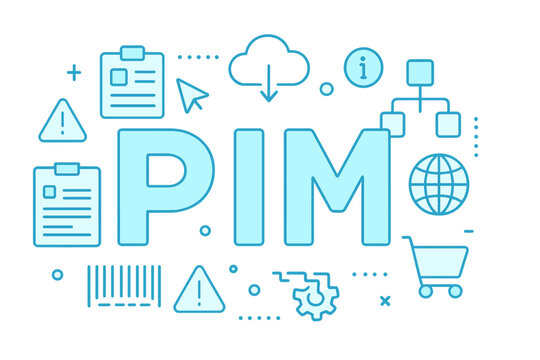 Flat vector illustration depicting PIM concepts with icons related to data management and e-commerce interactions