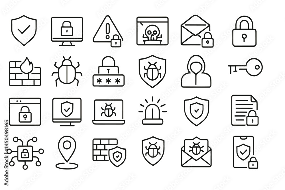 Poster collection of flat vector icons representing various cybersecurity elements and concepts in a cohesi