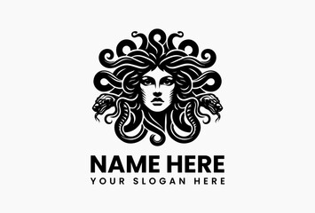 Minimal Medusa face vector logo design with serpent hair, ancient Greek mythology symbol isolated on white background for bold and powerful branding use 