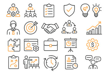 Business and teamwork vector icons showcasing collaboration, strategy, and success in a modern workplace setting