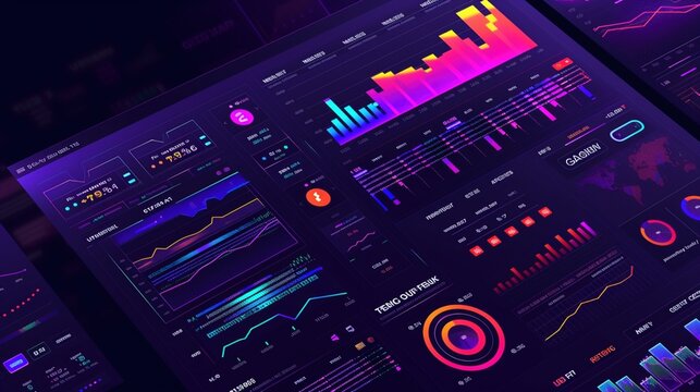 Futuristic data dashboard with multiple charts, graphs, and indicators.  Various metrics displayed on screens in vibrant neon colors