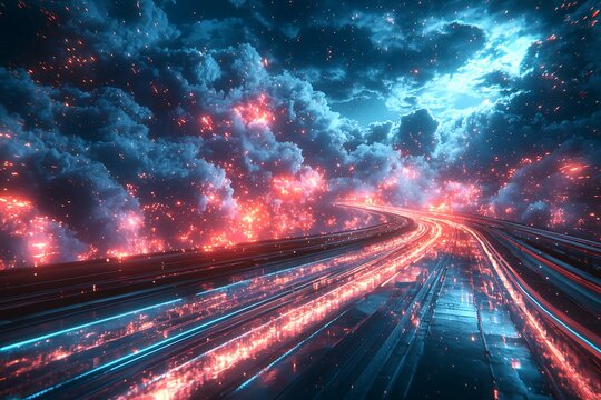 Fiery road winding through glowing clouds under a moonlit sky