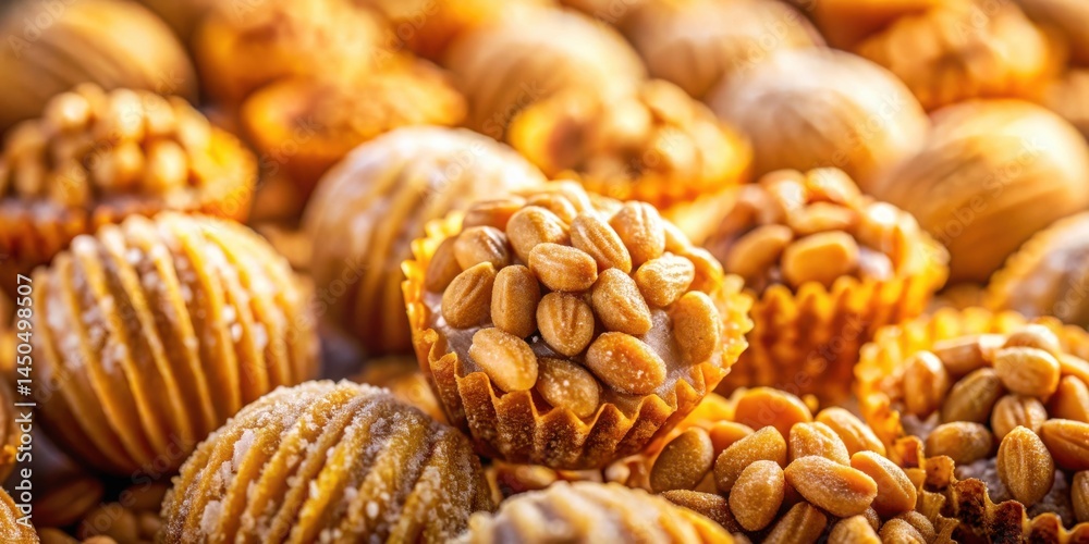 Poster a close-up view of a variety of sweet treats, featuring caramel, peanuts, and a delicate dusting of 