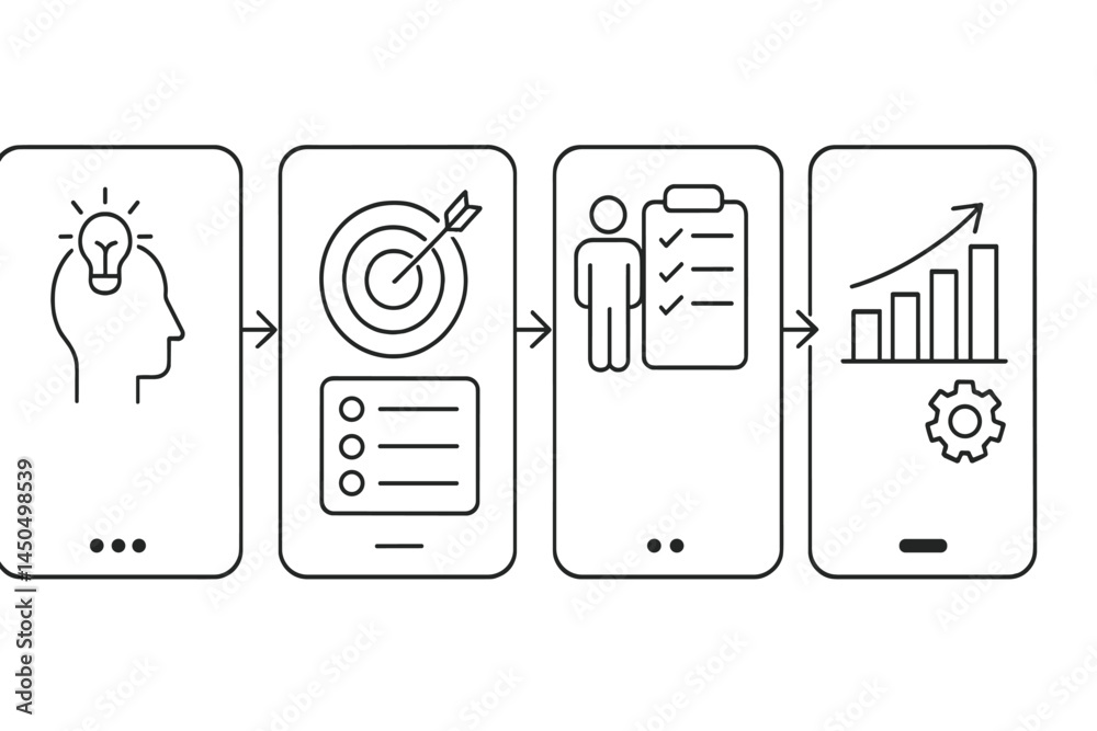 Poster step-by-step guide illustrating the process from idea generation to project growth using mobile app 