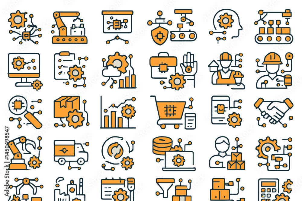 Poster flat vector illustration showing various icons related to industrial automation and technology in a 