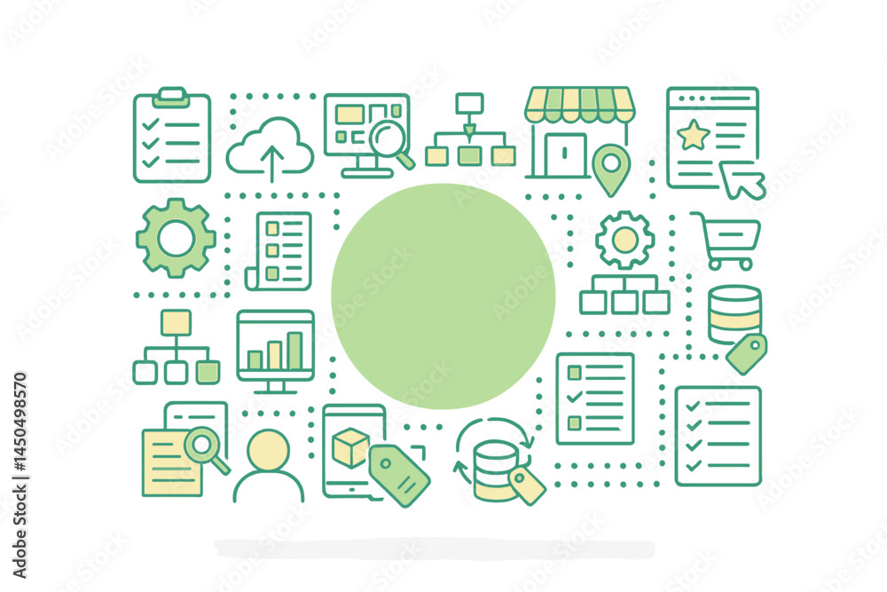 Poster flat vector illustration depicting data management concepts with various icons in a circular design 