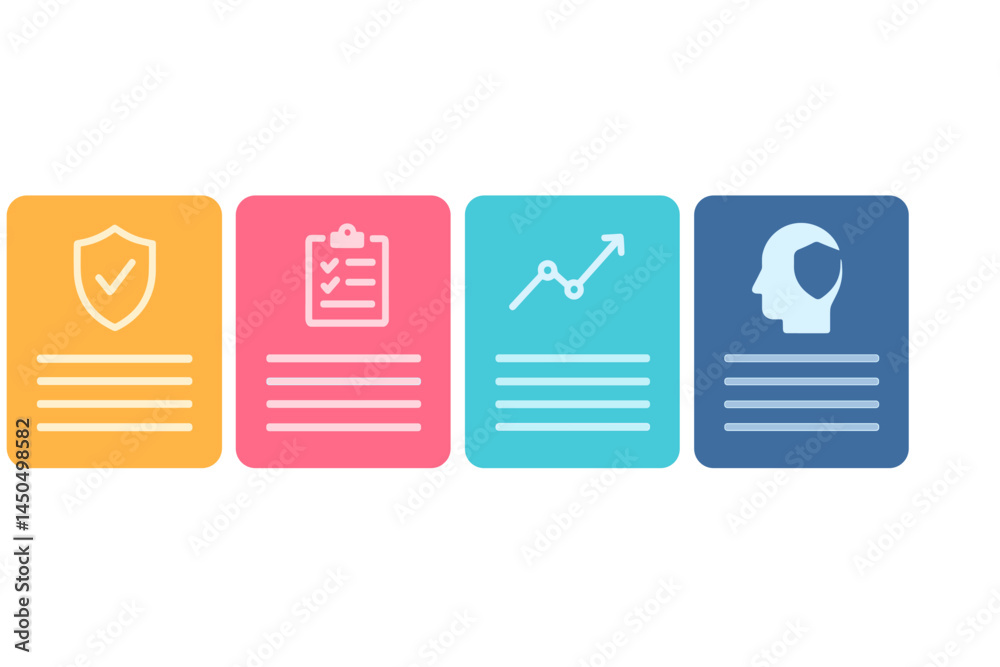 Poster colorful flat vector illustration of business analytics and security concepts with checklists and da