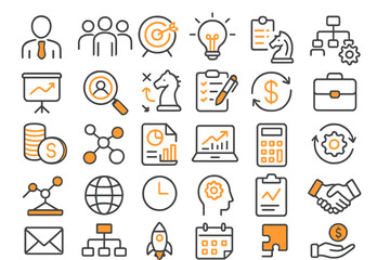 Business concepts and strategies illustrated in flat vector design showcasing teamwork, finance, and project planning elements