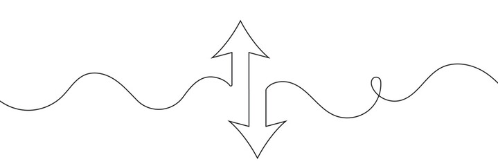 Continuous one line drawing of arrow pointing up and down. Black thin line of two directions arrow icon isolated on white background. EPS10 vector illustration for banner, template, web, app, poster.