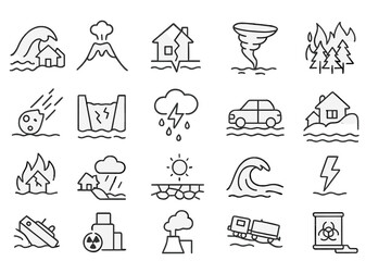 Natural disaster icons depicting various events such as earthquakes, floods, and storms impacting different locations