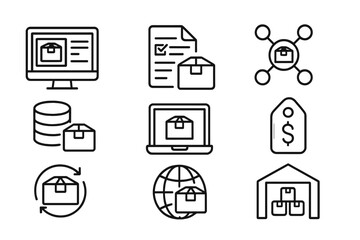 Flat vector illustration depicting package management, including digital storage, tracking, and inventory systems for efficient logistics
